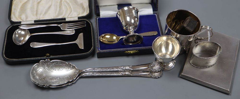 A pair of late Victorian silver serving spoons, Sheffield, 1899 and other small silver etc.
